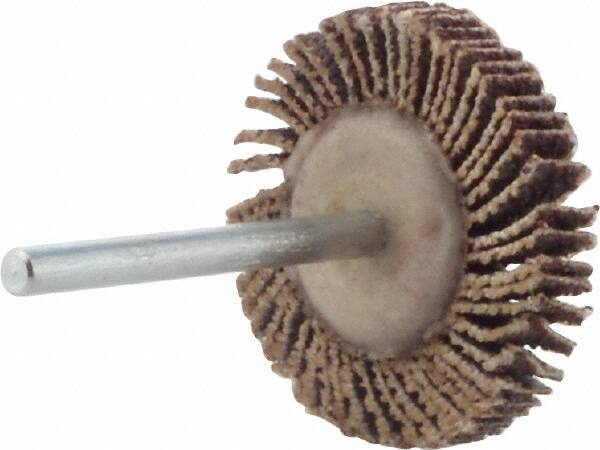 Merit Abrasives - 1-3/16" Diam x 3/16" Face Width, Medium Aluminum Oxide Coated Mounted Flap Wheel - 1/8" Shank Mount, 60 Grit, Cloth Backing, 30,000 Max RPM - Industrial Tool & Supply