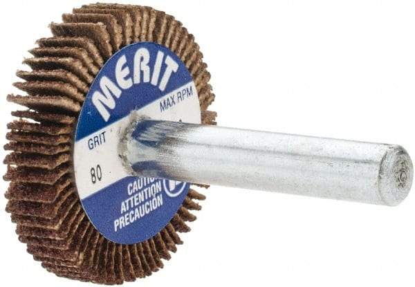 Merit Abrasives - 1-3/16" Diam x 1/4" Face Width, Medium Aluminum Oxide Coated Mounted Flap Wheel - 1/4" Shank Mount, 80 Grit, Cloth Backing, 25,000 Max RPM - Industrial Tool & Supply