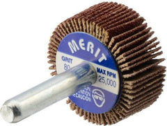 Merit Abrasives - 1-3/16" Diam x 1/2" Face Width, Medium Aluminum Oxide Coated Mounted Flap Wheel - 1/4" Shank Mount, 80 Grit, Cloth Backing, 25,000 Max RPM - Industrial Tool & Supply