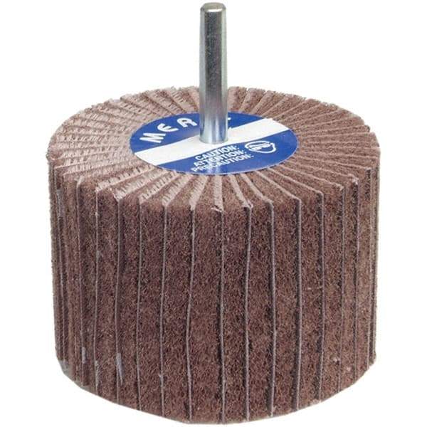 Merit Abrasives - 2" Diam x 1-1/2" Face Width, Medium Aluminum Oxide Nonwoven & Coated Mounted Flap Wheel - 1/4" Shank Mount, 60 Grit, Interleaf, X Weighted Cloth Backing, 12,000 Max RPM - Industrial Tool & Supply