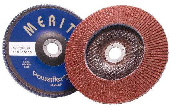 Merit Abrasives - 60 Grit, 4-1/2" Disc Diam, 7/8" Center Hole, Type 27 Aluminum Oxide Flap Disc - 13,300 Max RPM, Fiberglass Backing, Arbor Attaching System, Coated - Industrial Tool & Supply