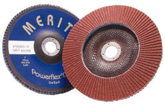 Merit Abrasives - 60 Grit, 4-1/2" Disc Diam, 7/8" Center Hole, Type 27 Aluminum Oxide Flap Disc - 13,300 Max RPM, Fiberglass Backing, Arbor Attaching System, Coated - Industrial Tool & Supply