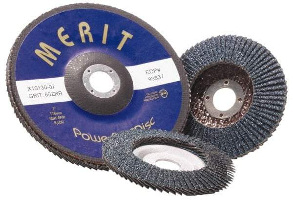 Merit Abrasives - 120 Grit, 5" Disc Diam, 7/8" Center Hole, Type 29 Zirconia Alumina Flap Disc - 12,000 Max RPM, Fiberglass Backing, Arbor Attaching System, Coated - Industrial Tool & Supply