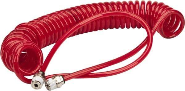 PRO-SOURCE - 0.16 ID, 1/4 Thread, 15' Long, Red Polyurethane Coiled & Self Storing Hose - 125 Max psi, Male Swivel x Male Swivel - Industrial Tool & Supply