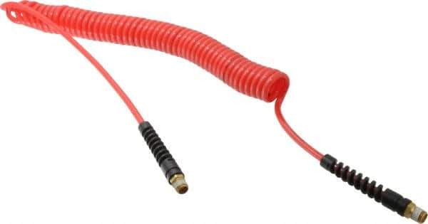 PRO-SOURCE - 3/16" ID, 1/4 Thread, 20' Long, Red Polyurethane Coiled & Self Storing Hose - 147 Max psi, Male Swivel x Male Swivel - Industrial Tool & Supply