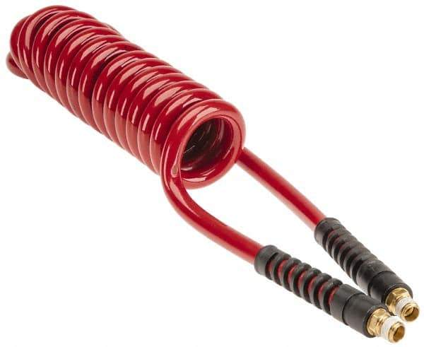 PRO-SOURCE - 3/8" ID, 1/4 Thread, 10' Long, Red Polyurethane Coiled & Self Storing Hose - 200 Max psi, Male Swivel x Male Swivel - Industrial Tool & Supply