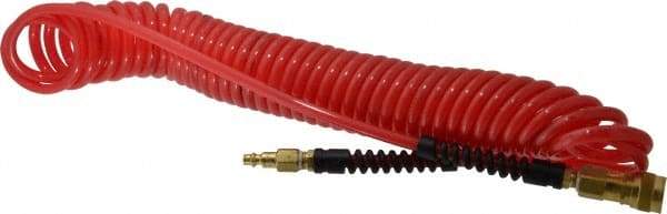 PRO-SOURCE - 1/4" ID, 1/4 Thread, 25' Long, Red Polyurethane Coiled & Self Storing Hose - Male Swivel x Male Swivel - Industrial Tool & Supply