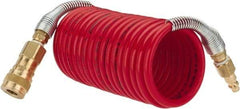 PRO-SOURCE - 1/4" ID, 1/4 Thread, 12' Long, Red Nylon Coiled & Self Storing Hose - 240 Max psi, Industrial Interchange Coupler x Plug - Industrial Tool & Supply