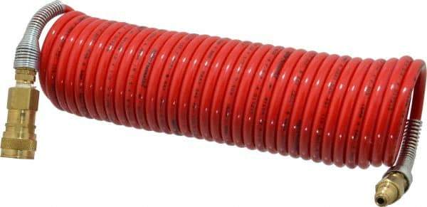 PRO-SOURCE - 1/4" ID, 1/4 Thread, 25' Long, Red Nylon Coiled & Self Storing Hose - 240 Max psi, Industrial Interchange Coupler x Plug - Industrial Tool & Supply