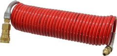 PRO-SOURCE - 1/4" ID, 1/4 Thread, 25' Long, Red Nylon Coiled & Self Storing Hose - 240 Max psi, Industrial Interchange Coupler x Plug - Industrial Tool & Supply