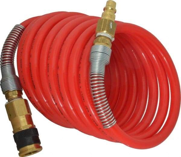 PRO-SOURCE - 3/8" ID, 3/8 Thread, 12' Long, Red Nylon Coiled & Self Storing Hose - 225 Max psi, Industrial Interchange Coupler x Plug - Industrial Tool & Supply