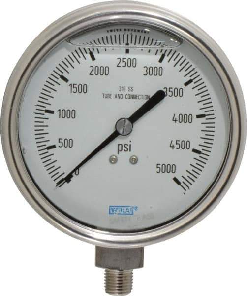 Wika - 4" Dial, 1/4 Thread, 0-5,000 Scale Range, Pressure Gauge - Lower Connection Mount, Accurate to 1% of Scale - Industrial Tool & Supply
