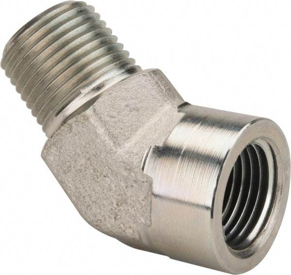 Parker - 1/2 Male Thread x 1/2 Female Thread, Zinc Plated Steel Industrial Pipe 45° Street Elbow - MNPTF x FNPTF, 3,000 psi - Industrial Tool & Supply