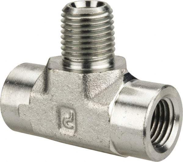 Parker - 1/4 Male Thread x 1/4 Female Thread, Zinc Plated Steel Industrial Pipe Male Branch Tee - MNPTF x FNPTF, 5,000 psi - Industrial Tool & Supply