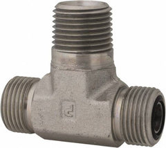 Parker - 1/2" OD, Steel Zinc Plated Male Branch Tee - 6,000 Max Working psi, O-Ring Face Seal/NPTF Ends - Industrial Tool & Supply