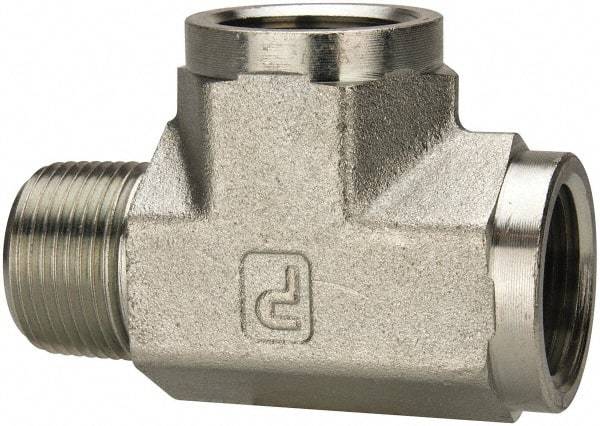 Parker - 1 Male Thread x 1 Female Thread, Zinc Plated Steel Industrial Pipe Street Tee - MNPTF x FNPTF, 1,800 psi - Industrial Tool & Supply