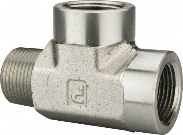 Parker - 3/4 Male Thread x 3/4 Female Thread, Zinc Plated Steel Industrial Pipe Street Tee - MNPTF x FNPTF, 3,000 psi - Industrial Tool & Supply