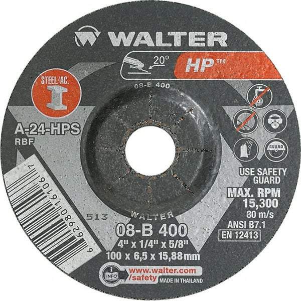 WALTER Surface Technologies - 24 Grit, 4" Wheel Diam, 1/4" Wheel Thickness, 5/8" Arbor Hole, Type 27 Depressed Center Wheel - Aluminum Oxide, Resinoid Bond, 15,000 Max RPM - Industrial Tool & Supply