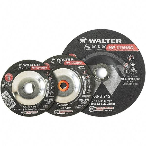 WALTER Surface Technologies - 30 Grit, 7" Wheel Diam, 1/8" Wheel Thickness, 7/8" Arbor Hole, Type 27 Depressed Center Wheel - Aluminum Oxide, Resinoid Bond, 8,600 Max RPM - Industrial Tool & Supply