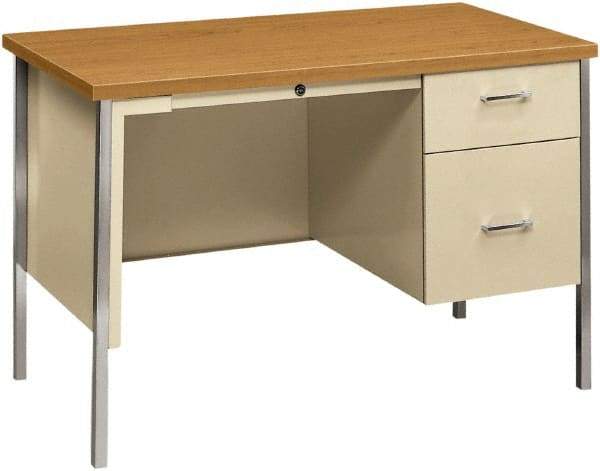 Hon - Woodgrain Laminate/Metal Right Pedestal Desk with Center Drawer - 45" Wide x 24" Deep x 29" High, Harvest/Putty - Industrial Tool & Supply