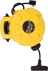 Bayco - 12 AWG, 50' Cable Length, Cord & Cable Reel with Outlet End - 4 Outlets, NEMA 5-15R, 15 Amps, SJTW Cable, Yellow Reel - Industrial Tool & Supply
