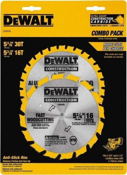 DeWALT - 5-3/8" Diam, 0.3937" Arbor Hole Diam, 16 & 30 Tooth Wet & Dry Cut Saw Blade - Tungsten Carbide-Tipped, Fast Cutting Action, Diamond Arbor - Industrial Tool & Supply