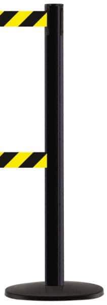 Tensator - 38-1/4" High, 2-1/2" Pole Diam, Tensabarrier Post - 13-1/2" Base Diam, Round ABS Plastic Base, Black 7-1/2" Tape, Dual Line Tape - Industrial Tool & Supply