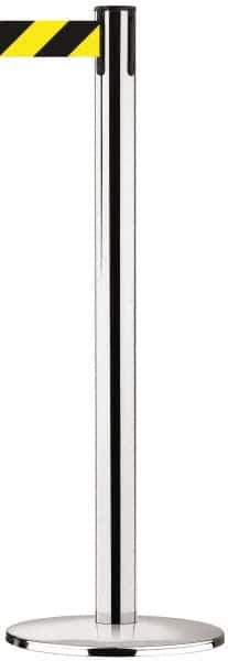 Tensator - 38-1/2" High, 2-1/2" Pole Diam, Tensabarrier Post - 13-1/2" Base Diam, Round Cast Iron with Pressed Steel Cover Base, Polished Chrome (Color) 7-1/2' Tape - Industrial Tool & Supply