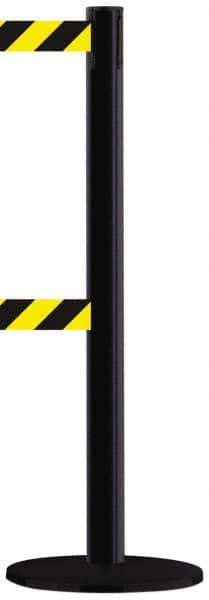 Tensator - 38-1/2" High, 2-1/2" Pole Diam, Tensabarrier Post - 13-1/2" Base Diam, Round Metal Base, Black 7-1/2' Tape, Dual Line Tape - Industrial Tool & Supply