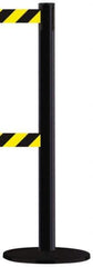 Tensator - 38-1/2" High, 2-1/2" Pole Diam, Tensabarrier Post - 13-1/2" Base Diam, Round Metal Base, Black 7-1/2' Tape, Dual Line Tape - Industrial Tool & Supply