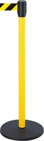 Tensator - 38-1/2" High, 2" Pole Diam, Tensabarrier Post - 13-1/2" Base Diam, Round Stainless Steel Base, Yellow 7-1/2' Tape - Industrial Tool & Supply