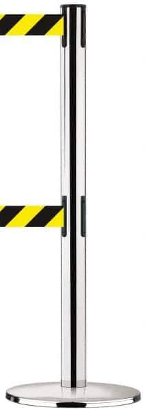 Tensator - 38-1/2" High, 2-1/2" Pole Diam, Tensabarrier Post - 13-1/2" Base Diam, Round Metal Base, Polished Chrome (Color) 7-1/2' Tape, Dual Line Tape - Industrial Tool & Supply