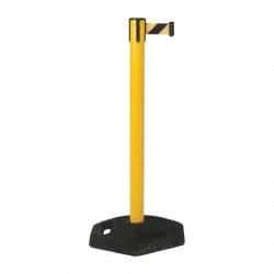 Tensator - 38-1/4" High, 2-1/2" Pole Diam, Tensabarrier Post - 19" Base Diam, UPVC Base, Yellow Plastic Post, 7-1/2' Tape, Single Line Tape, For Outdoor Use - Industrial Tool & Supply