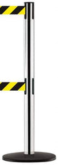 Tensator - 38-1/4" High, 2-1/2" Pole Diam, Tensabarrier Post - 13-1/2" Base Diam, Round ABS Plastic Base, Polished Chrome (Color) 7-1/2" Tape, Dual Line Tape - Industrial Tool & Supply