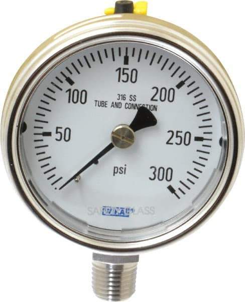 Wika - 2-1/2" Dial, 1/4 Thread, 0-300 Scale Range, Pressure Gauge - Lower Connection Mount, Accurate to 2-1-2% of Scale - Industrial Tool & Supply