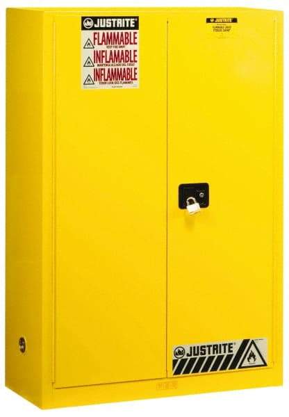 Justrite - 2 Door, 2 Shelf, Yellow Steel Standard Safety Cabinet for Flammable and Combustible Liquids - 65" High x 43" Wide x 18" Deep, Manual Closing Door, 3 Point Key Lock, 45 Gal Capacity - Industrial Tool & Supply