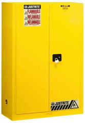 Justrite - 2 Door, 2 Shelf, Yellow Steel Standard Safety Cabinet for Flammable and Combustible Liquids - 65" High x 43" Wide x 18" Deep, Manual Closing Door, 3 Point Key Lock, 45 Gal Capacity - Industrial Tool & Supply