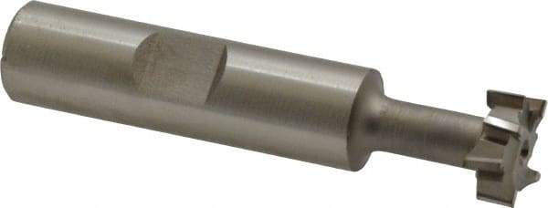 Made in USA - 9/16" Cut Diam, 15/64" Cut Width, 17/64" Neck Diam, 1/2" Shank Diam, 2-19/32" OAL, High Speed Steel T-Slot Cutter - Uncoated, 1/4" Bolt, 1-13/16" Shank Length, Staggered Teeth, 8 Teeth, Weldon Flat - Industrial Tool & Supply