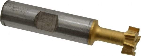 Made in USA - 9/16" Cut Diam, 15/64" Cut Width, 17/64" Neck Diam, 1/2" Shank Diam, 2-19/32" OAL, High Speed Steel T-Slot Cutter - TiN Finish, 1/4" Bolt, 1-13/16" Shank Length, Staggered Teeth, 8 Teeth, Weldon Flat - Industrial Tool & Supply