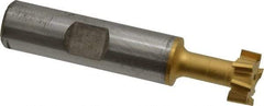Made in USA - 9/16" Cut Diam, 15/64" Cut Width, 17/64" Neck Diam, 1/2" Shank Diam, 2-19/32" OAL, High Speed Steel T-Slot Cutter - TiN Finish, 1/4" Bolt, 1-13/16" Shank Length, Staggered Teeth, 8 Teeth, Weldon Flat - Industrial Tool & Supply