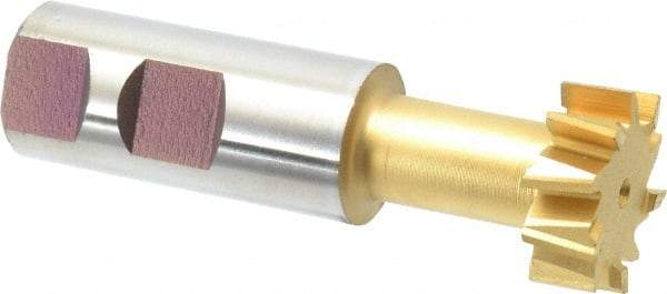 Made in USA - 1-1/4" Cut Diam, 31/64" Cut Width, 21/32" Neck Diam, 1" Shank Diam, 3-15/16" OAL, High Speed Steel T-Slot Cutter - TiN Finish, 5/8" Bolt, 2-15/16" Shank Length, Staggered Teeth, 10 Teeth, Weldon Flat - Industrial Tool & Supply