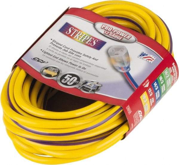 Southwire - 50', 12/3 Gauge/Conductors, Yellow/Purple Outdoor Extension Cord - 1 Receptacle, 15 Amps, 125 VAC, UL SJTW, NEMA 5-15P, 5-15R - Industrial Tool & Supply