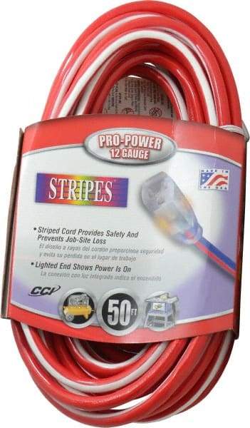 Southwire - 50', 12/3 Gauge/Conductors, Red/White Outdoor Extension Cord - 1 Receptacle, 15 Amps, 125 VAC, UL SJTW, NEMA 5-15P, 5-15R - Industrial Tool & Supply