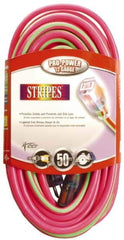Southwire - 50', 12/3 Gauge/Conductors, Pink/Lime Green Outdoor Extension Cord - 1 Receptacle, 15 Amps, 125 VAC, UL SJTW, NEMA 5-15P, 5-15R - Industrial Tool & Supply