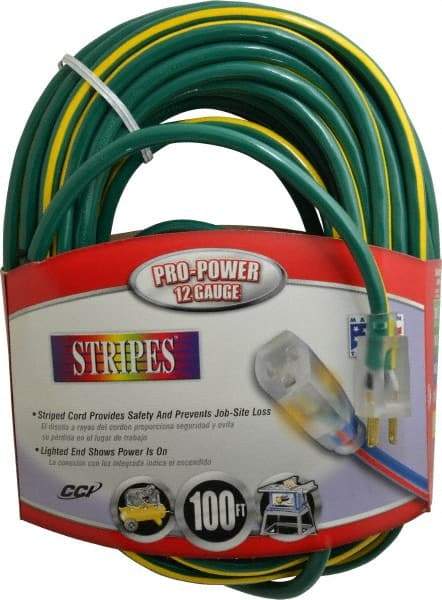 Southwire - 100', 12/3 Gauge/Conductors, Green/Yellow Outdoor Extension Cord - 1 Receptacle, 15 Amps, 125 VAC, UL SJTW, NEMA 5-15P, 5-15R - Industrial Tool & Supply