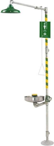 Haws - 1-1/4" Inlet, 20 GPM shower Flow, Drench shower, Eye & Face Wash Station - Bowl, Triangular Pull Rod & Push Flag Activated, Galvanized Steel Pipe, Plastic Shower Head, 3.7 GPM Bowl Flow, Inline Strainer, Barrier Free, Top or Mid Supply - Industrial Tool & Supply