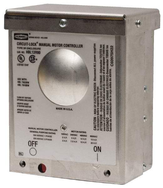 Hubbell Wiring Device-Kellems - 2 Poles, 30 Amp, NEMA, Enclosed Pushbutton Manual Motor Starter - 111.8mm Wide x 83.3mm Deep x 140.2mm High, 15 hp, CSA Certified, NEMA 3R & UL Listed - Industrial Tool & Supply
