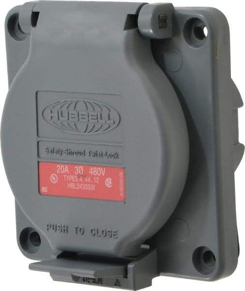 Hubbell Wiring Device-Kellems - 480 VAC, 20 Amp, L16-20R NEMA, Self Grounding Receptacle - 3 Poles, 4 Wire, Female End, Gray - Industrial Tool & Supply
