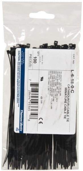 Thomas & Betts - 6.4" Long Black Nylon Standard Cable Tie - 18 Lb Tensile Strength, 1.13mm Thick, 1-1/2" Max Bundle Diam - Industrial Tool & Supply