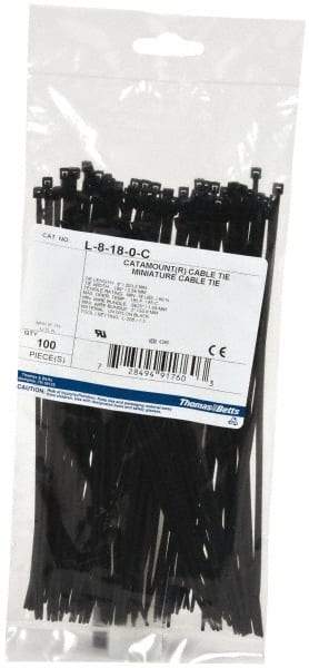 Thomas & Betts - 8" Long Black Nylon Standard Cable Tie - 18 Lb Tensile Strength, 1.13mm Thick, 2" Max Bundle Diam - Industrial Tool & Supply